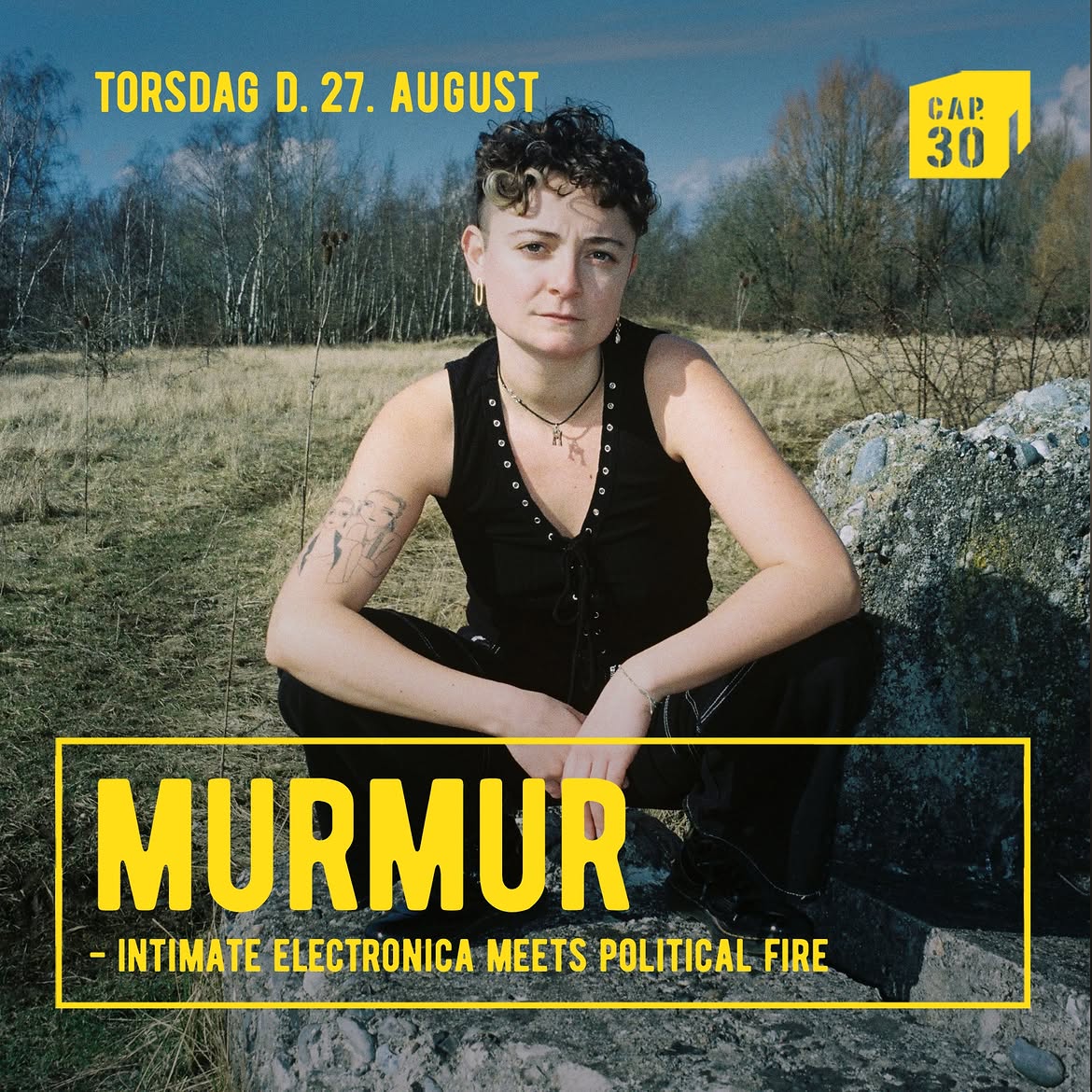 picture of the artist murmur with concert information written in yellow on top of it